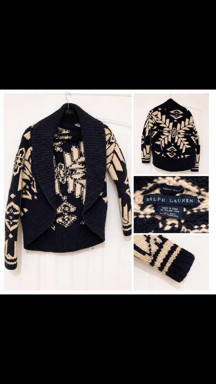 Vintage Ralph Lauren Aztec Open Cardigan Knit Small Shawl Collar Wool Cashmere